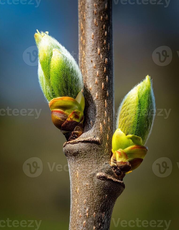 New Buds Emerge on a Tree Branch During Springtime in a Tranquil Natural Setting photo