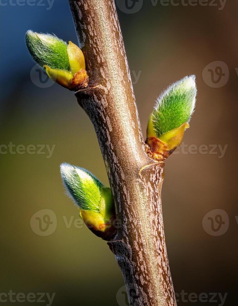 Spring Buds Emerging on a Tree Branch, Showcasing Vibrant Green Growth in Natural Light photo