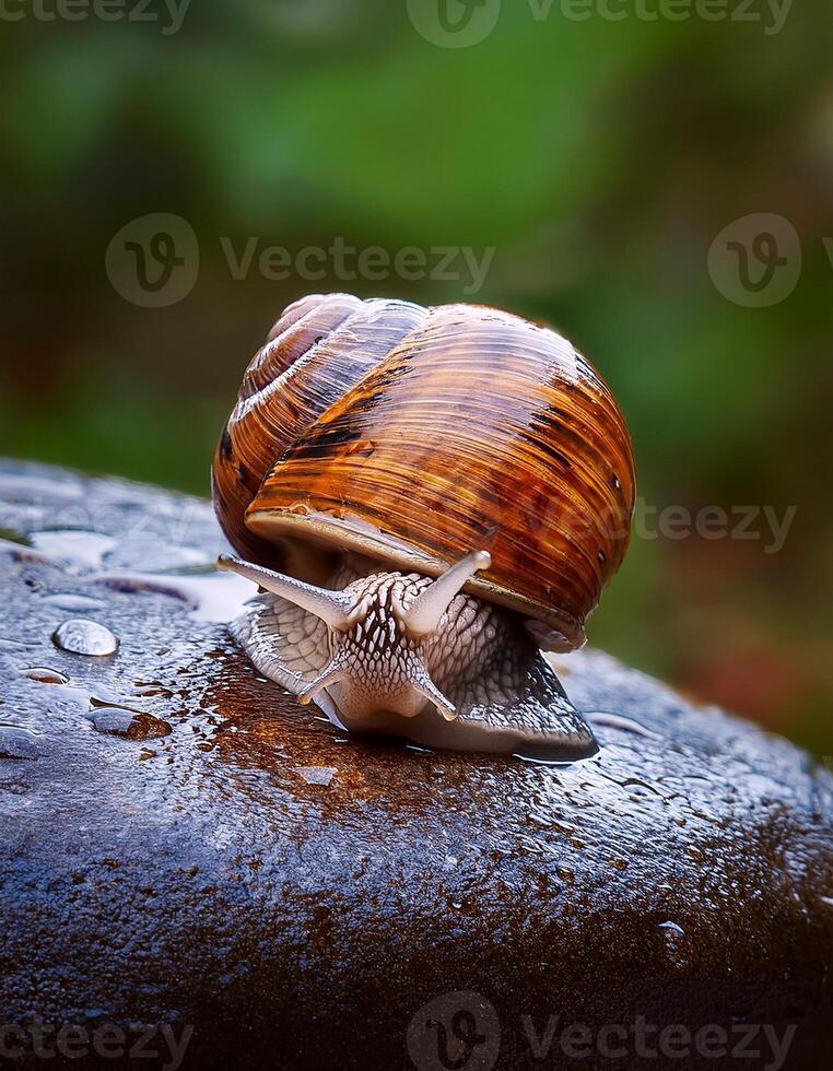 Close-up of a Snail Crawling on a Wet Stone in a Lush Garden After the Rain photo