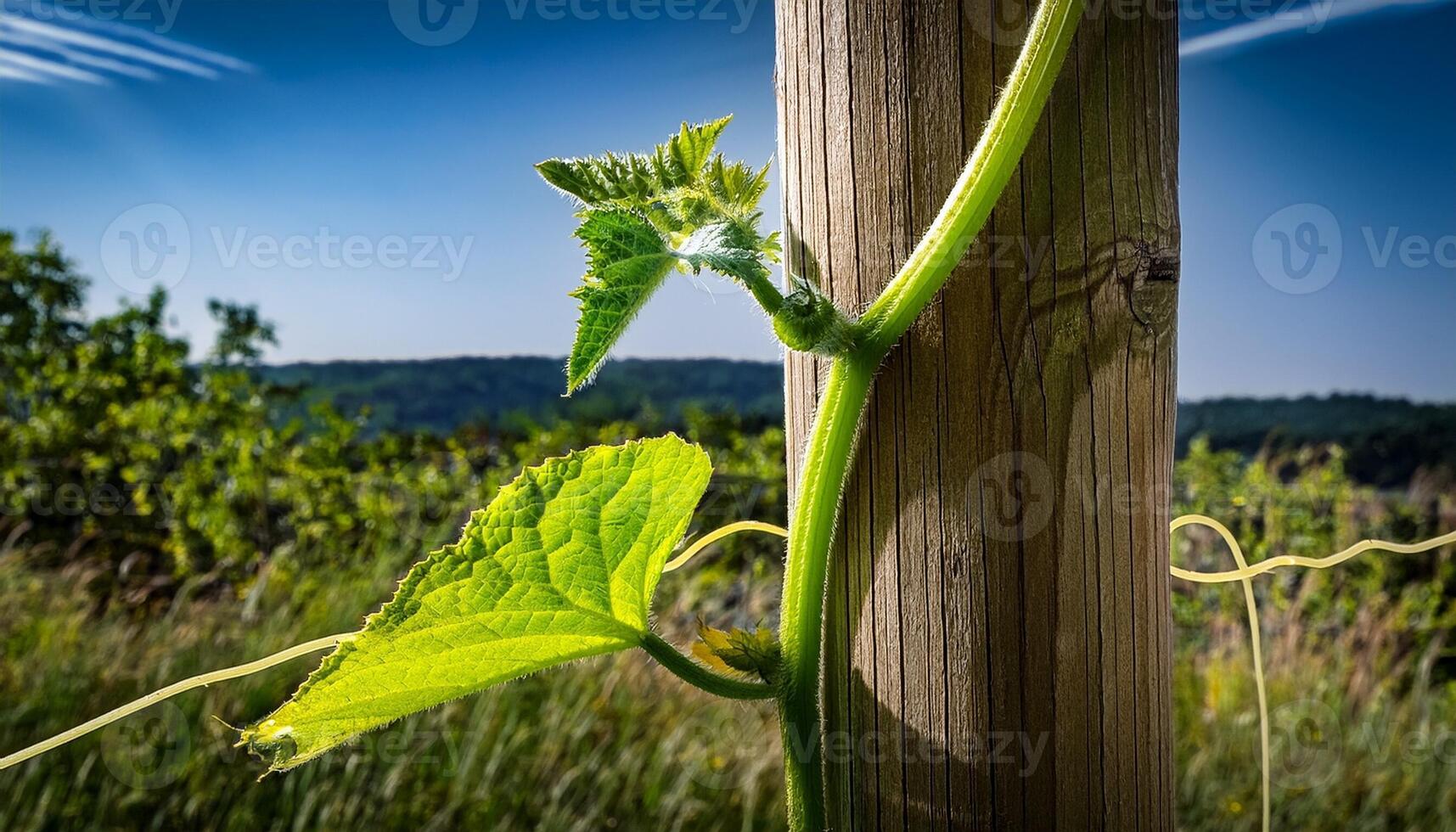 Climbing Vine Wraps Around a Wooden Post in a Lush Green Field Under a Bright Blue Sky photo