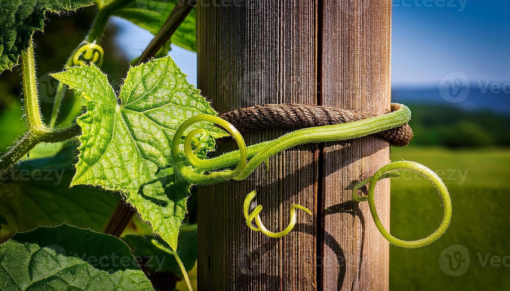 Green Vines Wrap Around a Wooden Post in a Sunny Garden During Summer Months photo
