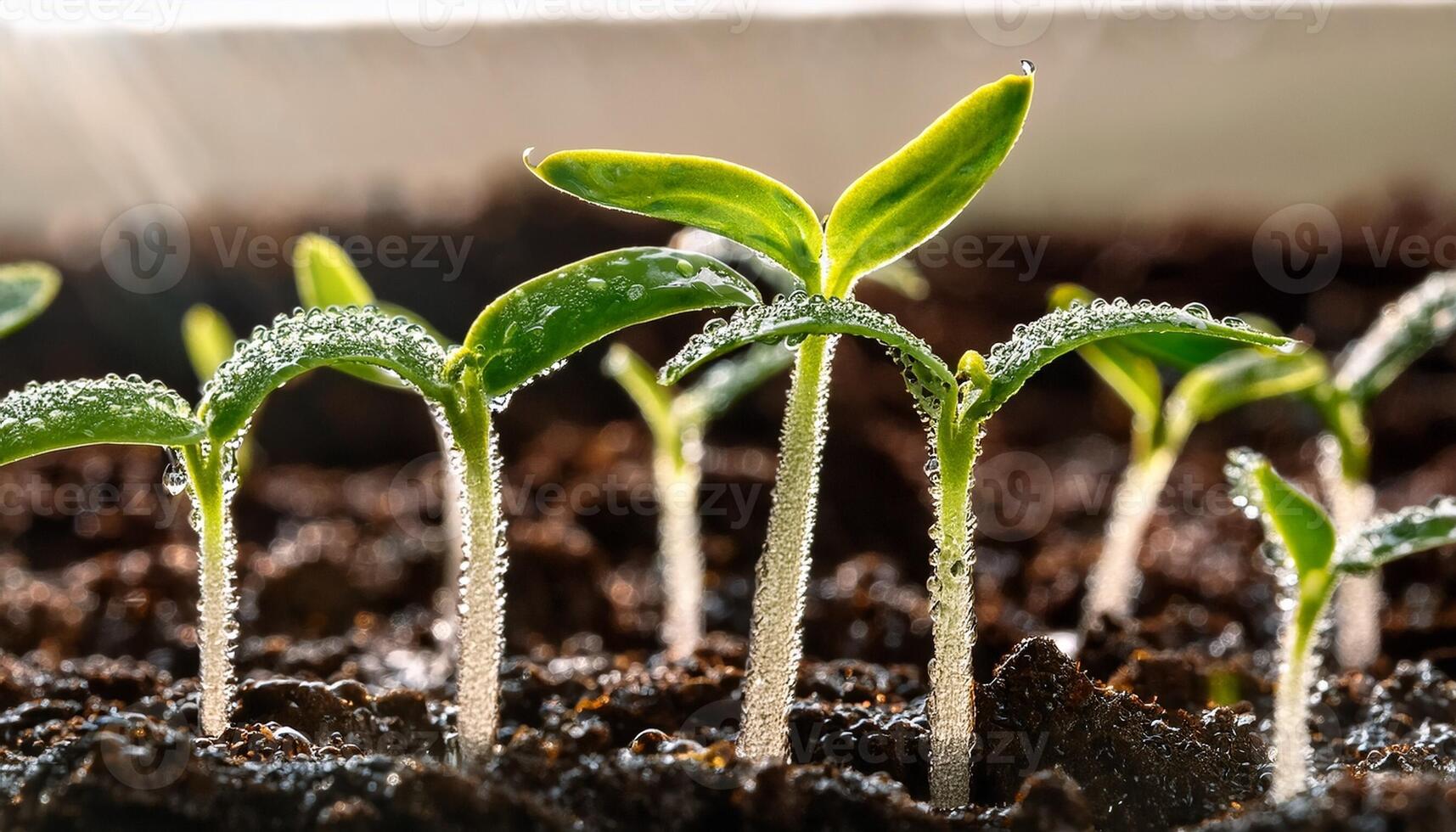 New Seedlings Emerge From Rich Soil, Glistening With Morning Dew and Ready to Grow in a Sunlit Garden photo