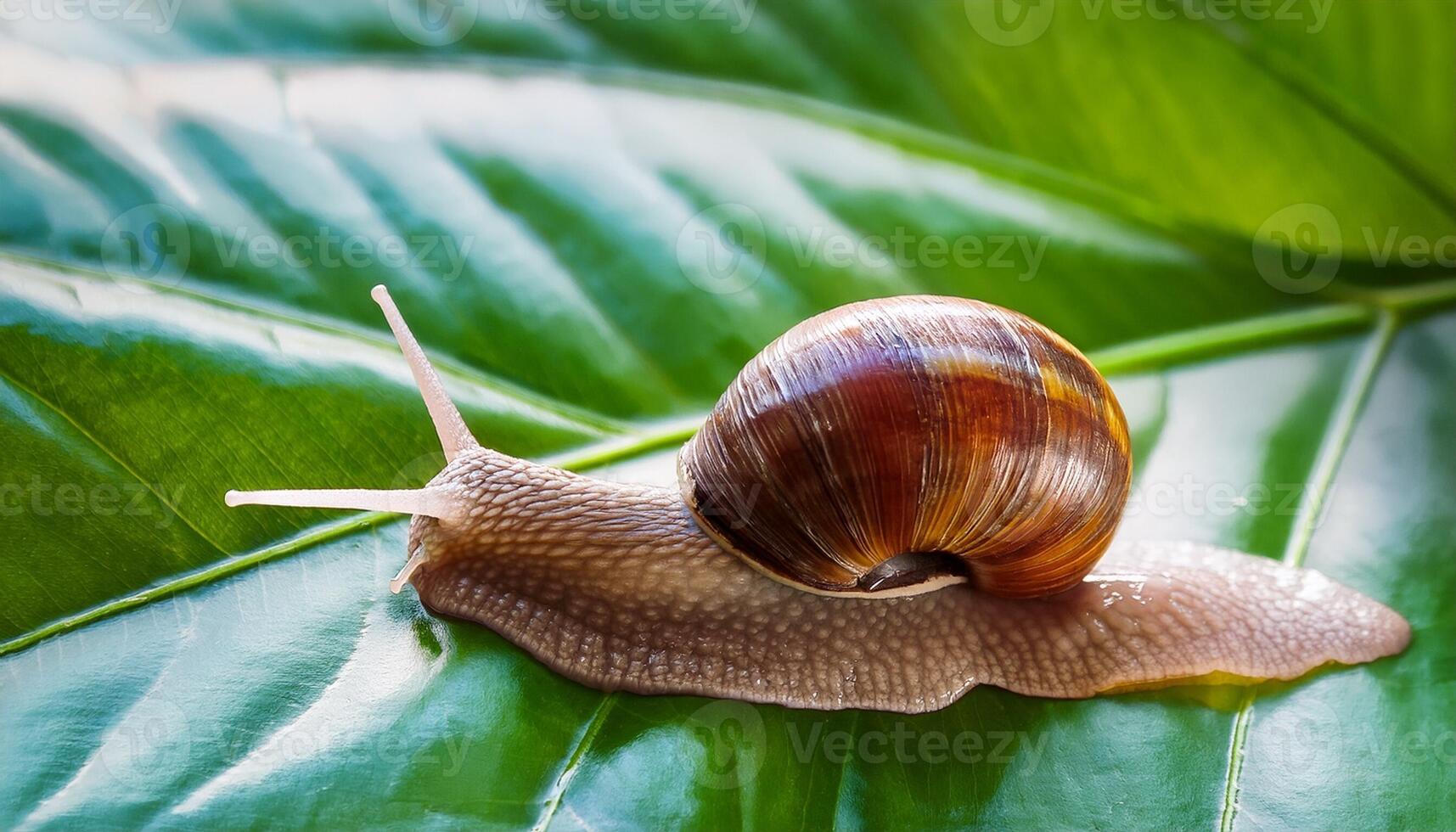 Colorful Snail Moving Slowly on Green Leaf During Sunny Day in a Serene Garden Setting photo