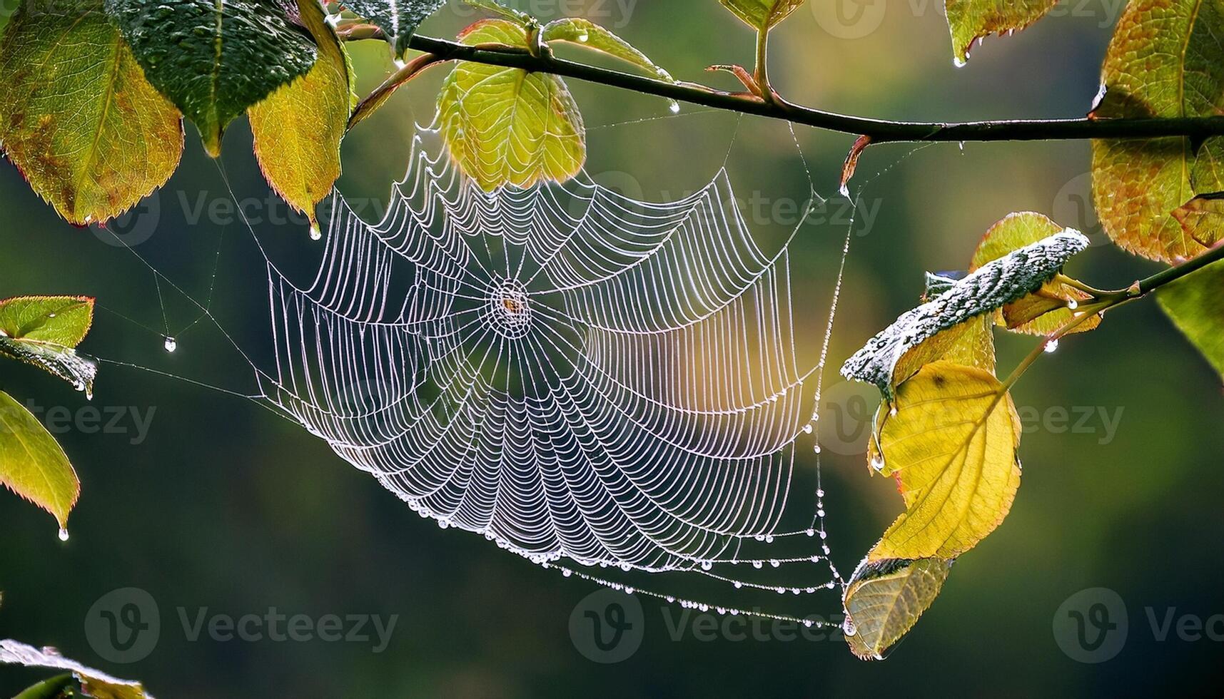 Delicate Spider Web Glistens With Dew on a Branch in a Serene Natural Setting During Early Morning photo