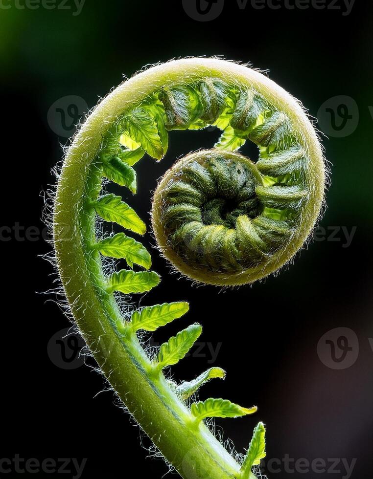Close-up View of a Fern Frond Curling in a Lush Green Environment During Springtime in a Forest photo