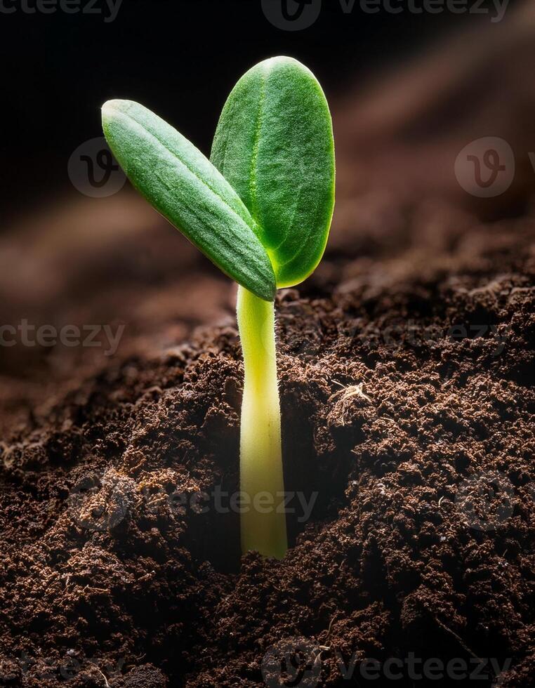 New Plant Seedling Emerges From Dark Soil in a Close-Up View Capturing Growth and Vitality photo