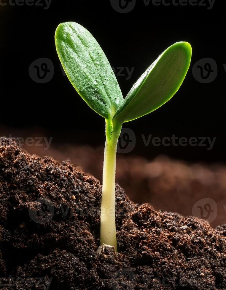 Newly Sprouted Plant Emerging From Soil Under Natural Light in a Close-Up View Showcasing Growth and Vitality photo