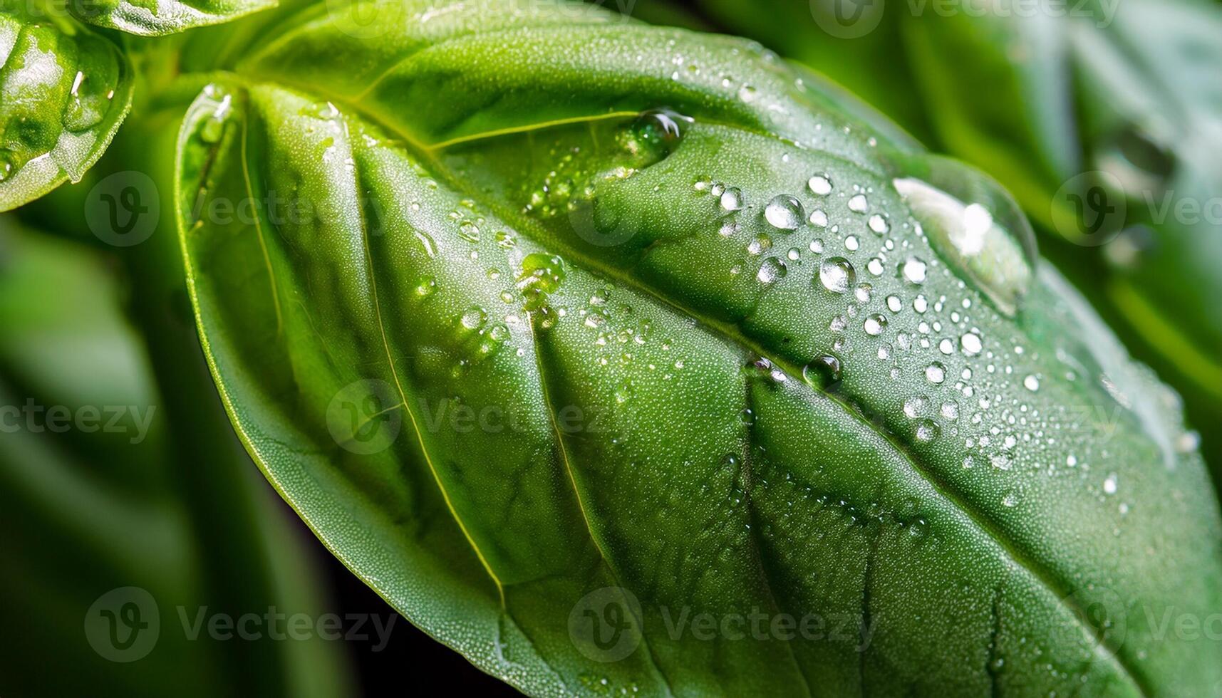 Close-up View of Fresh Basil Leaves Glistening With Dew in a Home Garden During Early Morning Hours photo