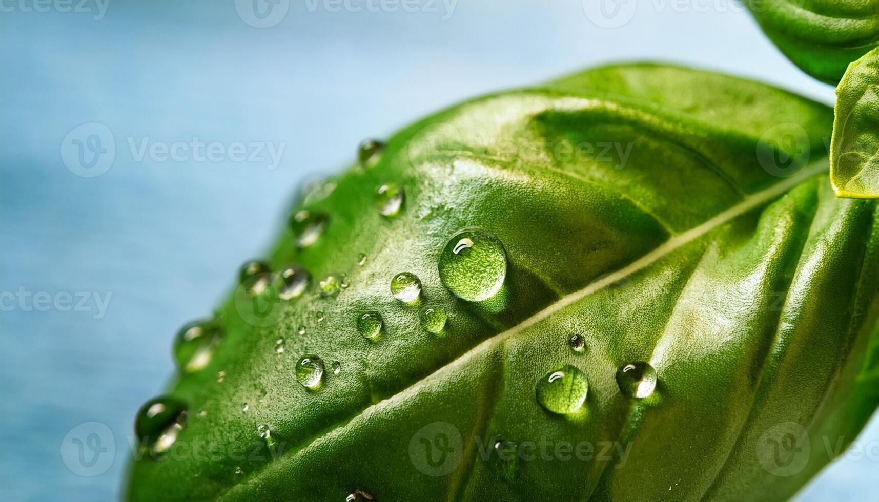 Close-up of a Fresh Basil Leaf With Dew Droplets on a Blue Background Showcasing Natural Freshness and Vibrant Color in a Kitchen Setting photo