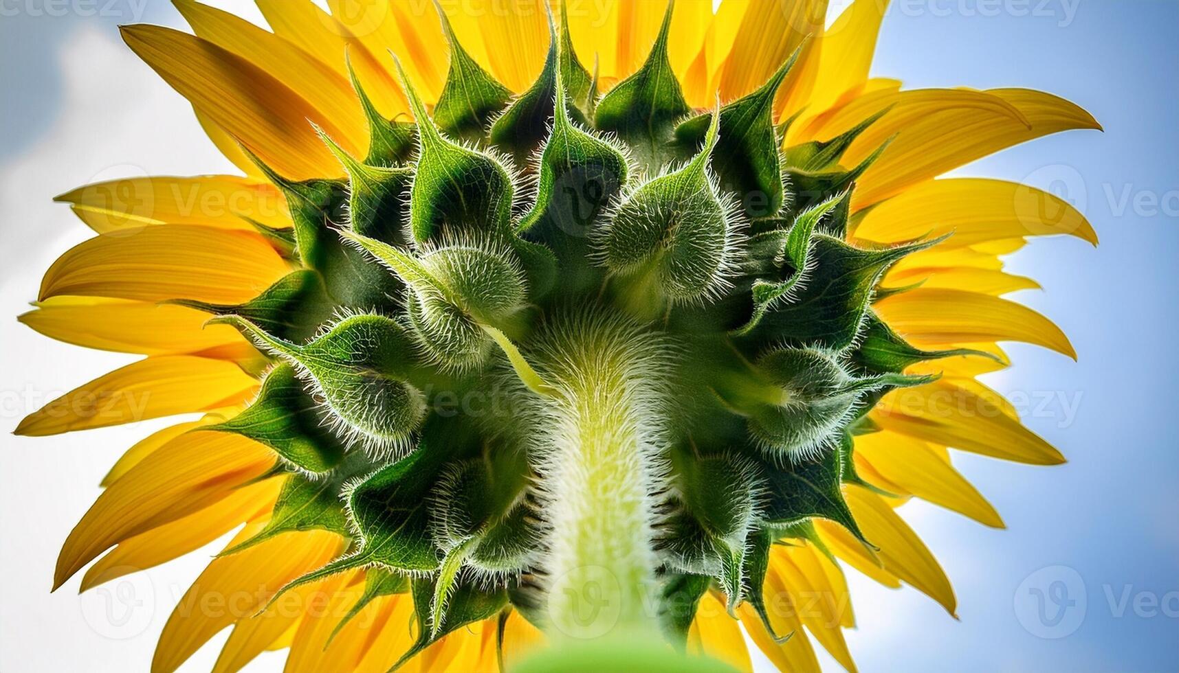 Bright Sunflower Viewed From Below Showing Green Leaves and Vibrant Yellow Petals Against a Clear Blue Sky photo