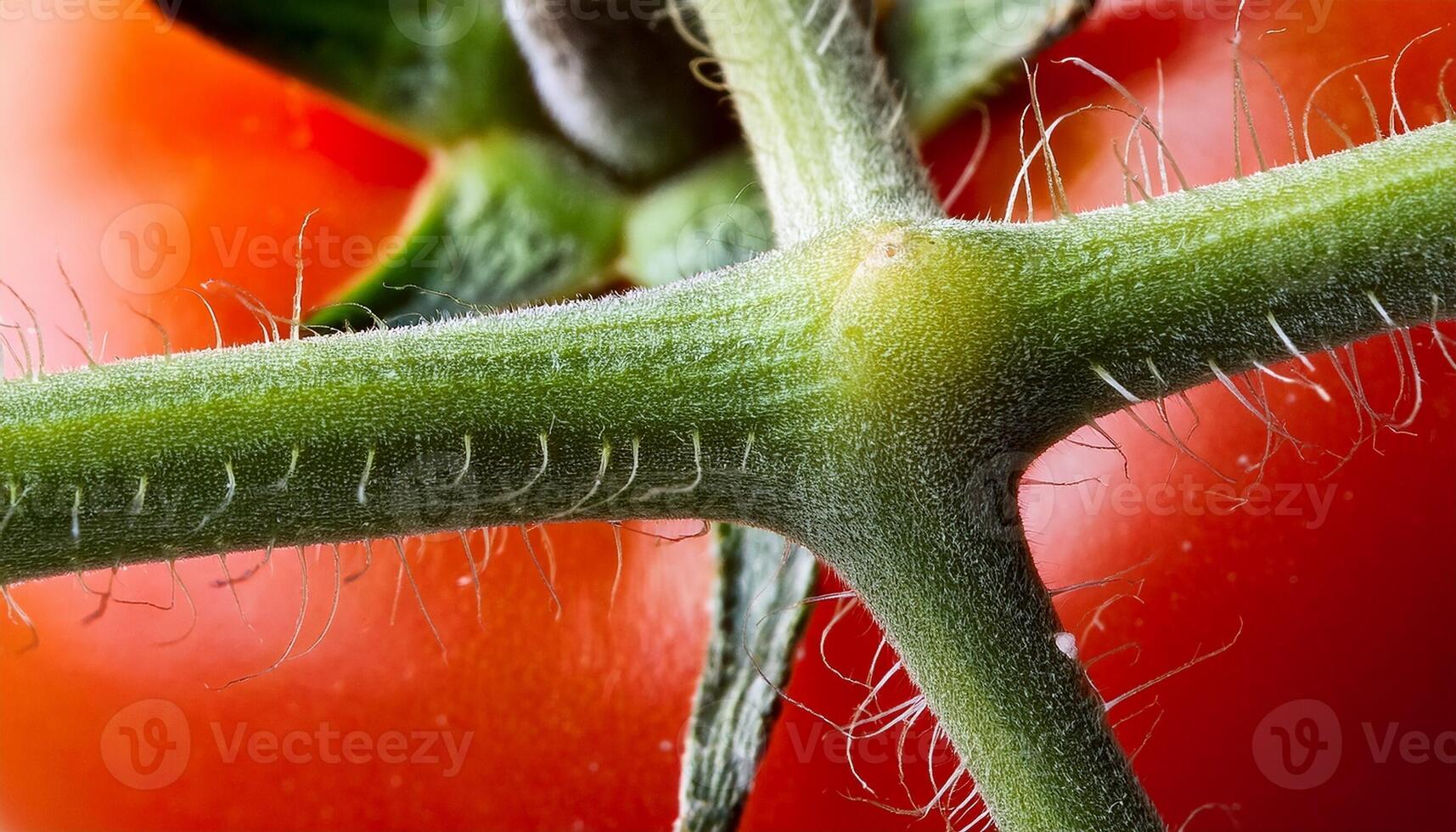 Close-up View of a Fresh Tomato on the Vine Showing Vibrant Colors and Detailed Textures in a Garden Setting photo