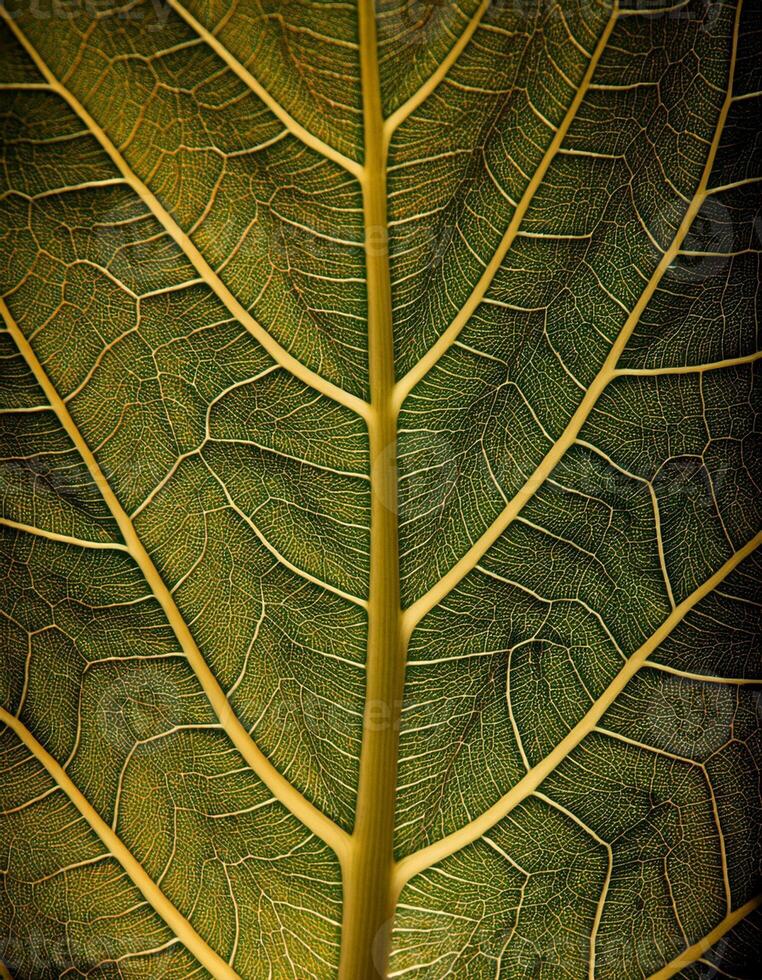 Detailed Close-Up of a Green Leaf Showcasing Intricate Vein Patterns and Natural Textures in a Serene Environment photo