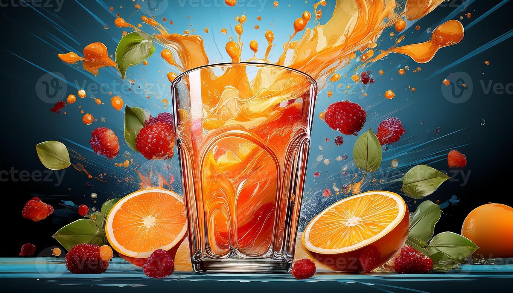 Vibrant Orange Juice Splash With Fresh Fruit in a Dynamic Setting photo
