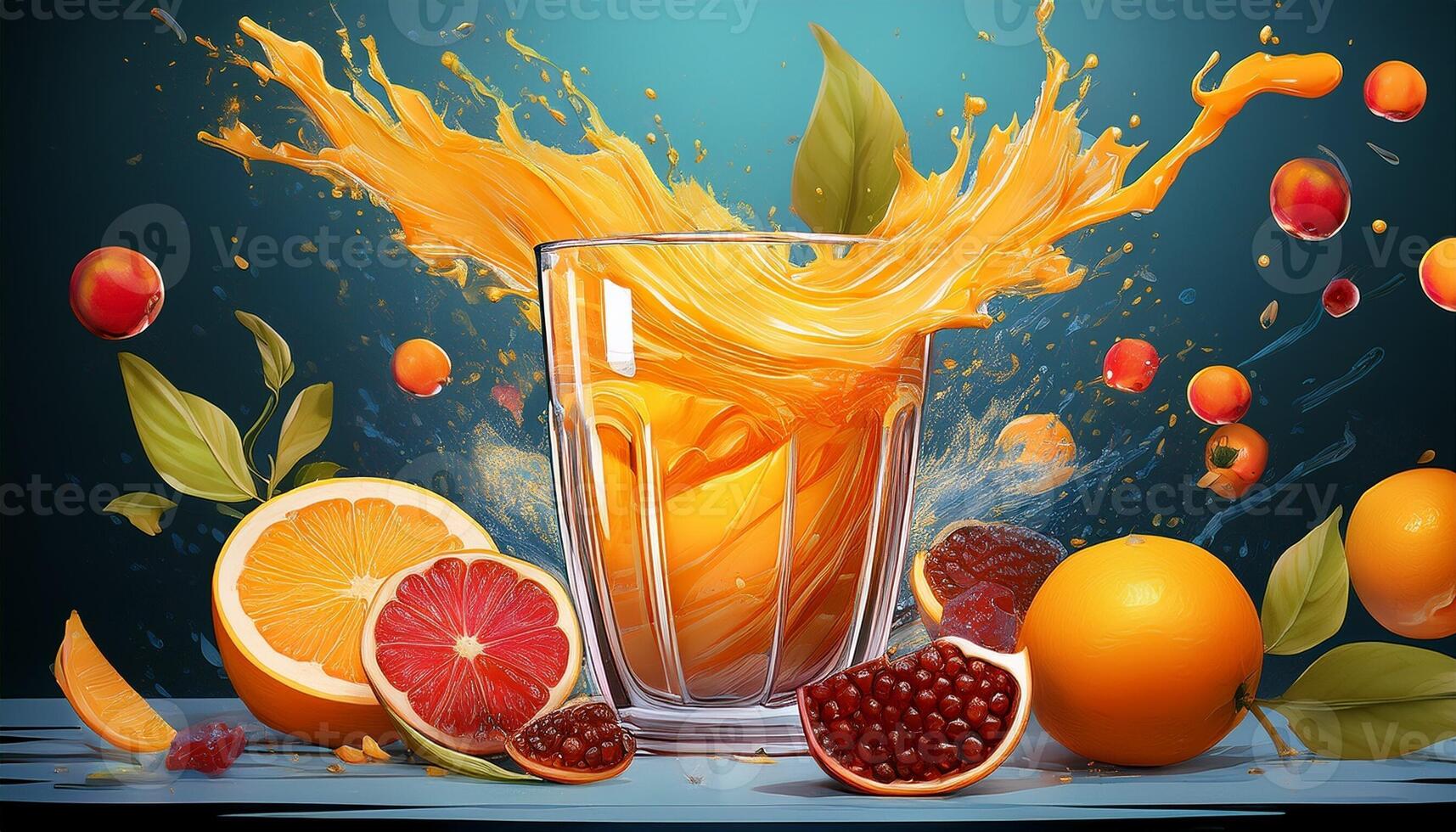 Fresh Citrus Juice Splashing in a Glass Surrounded by Vibrant Fruits in a Colorful Setting photo