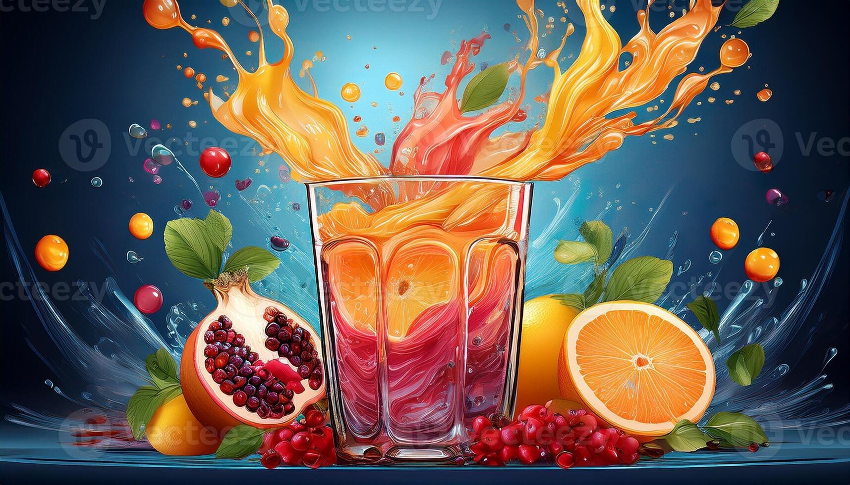 Vibrant Fruit Splash in a Glass With Colorful Juice and Fresh Fruits on a Blue Background photo