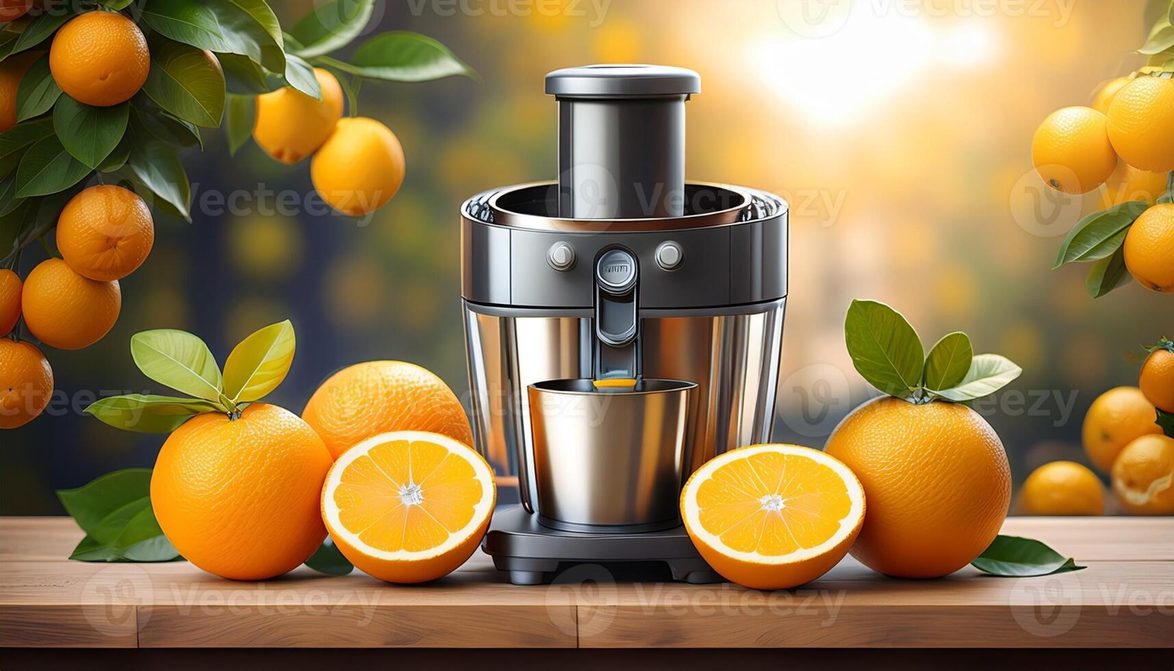 Freshly Squeezed Orange Juice Preparation With a Juicer and Ripe Oranges on a Wooden Table photo