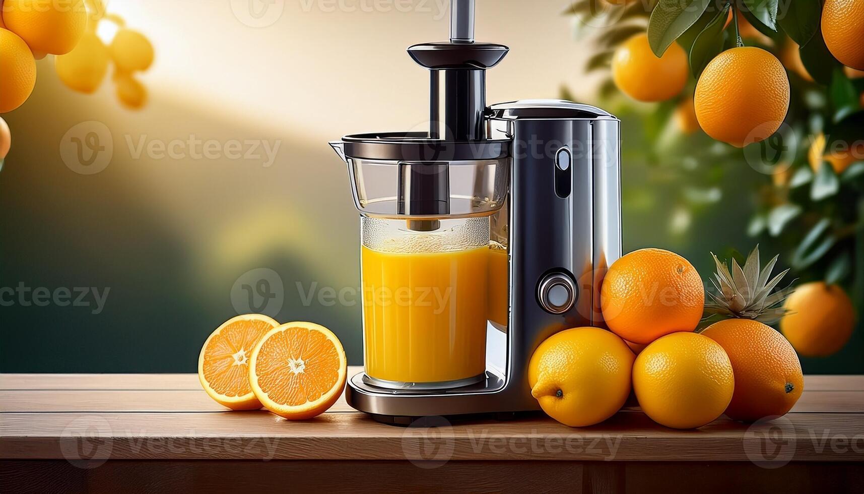 Freshly Squeezed Orange Juice With a Juicer and Ripe Oranges in a Sunny Orchard Setting photo