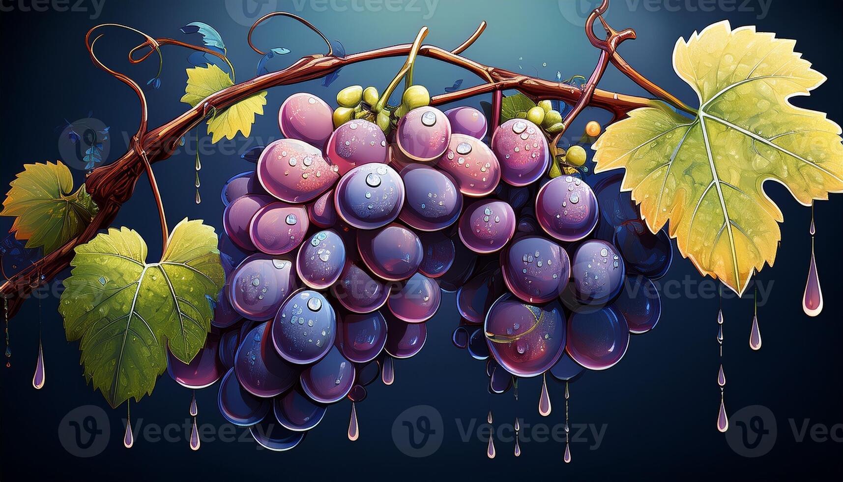 Vibrant Cluster of Ripe Grapes Glistening With Dew on a Vine Against a Deep Blue Backdrop During the Early Morning photo