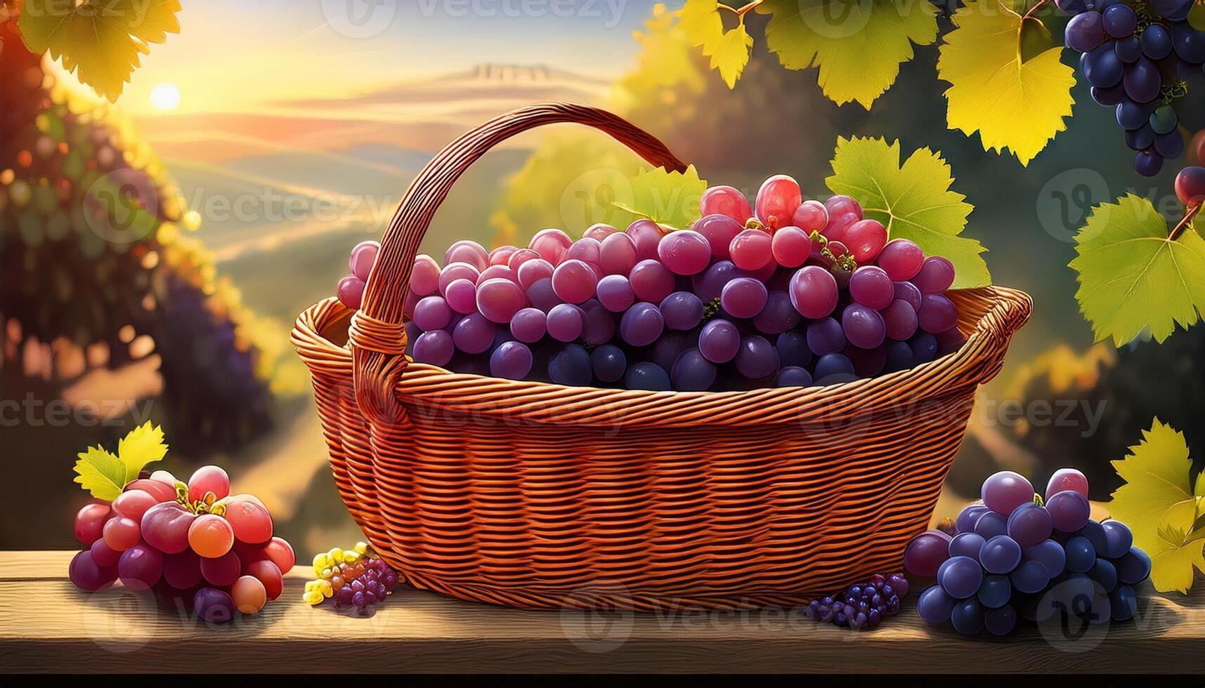 Freshly Harvested Grapes in a Wicker Basket at Sunset in a Vineyard Surrounded by Lush Greenery photo