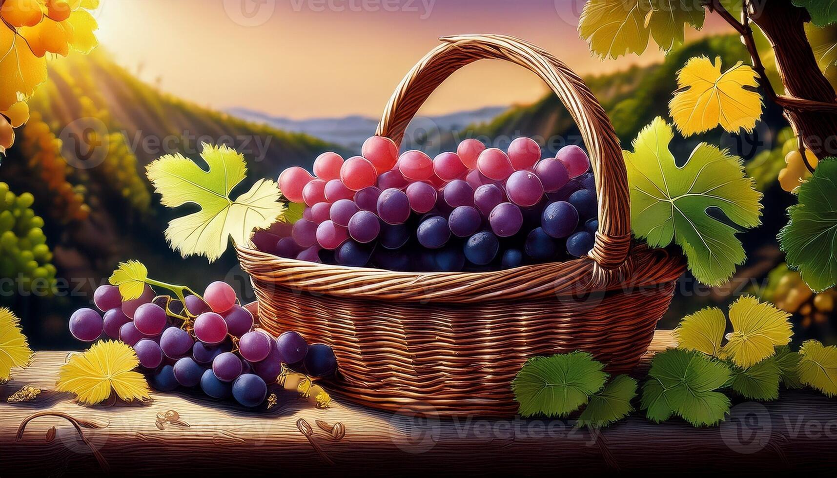 Grapes in a Basket Under a Sunset Sky in a Vineyard, Showcasing Nature's Bounty and Beauty photo