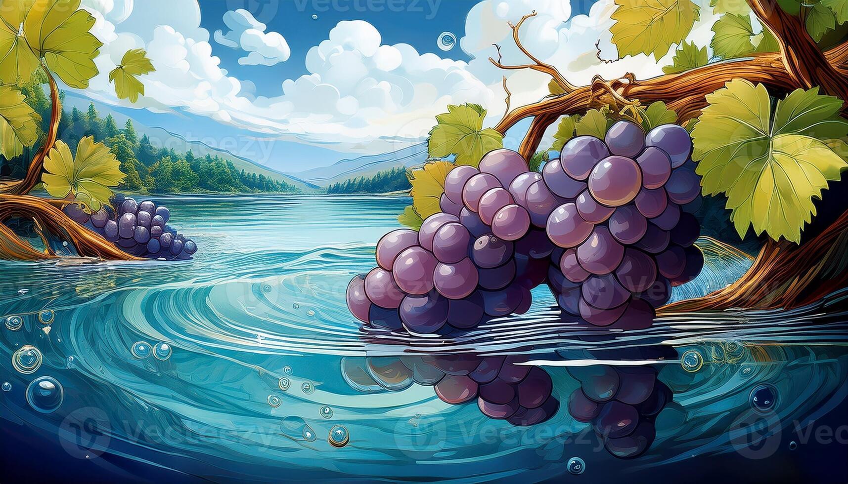 Grapes Float on Water Surrounded by Lush Greenery and Mountains Under a Clear Blue Sky in a Serene Natural Setting photo