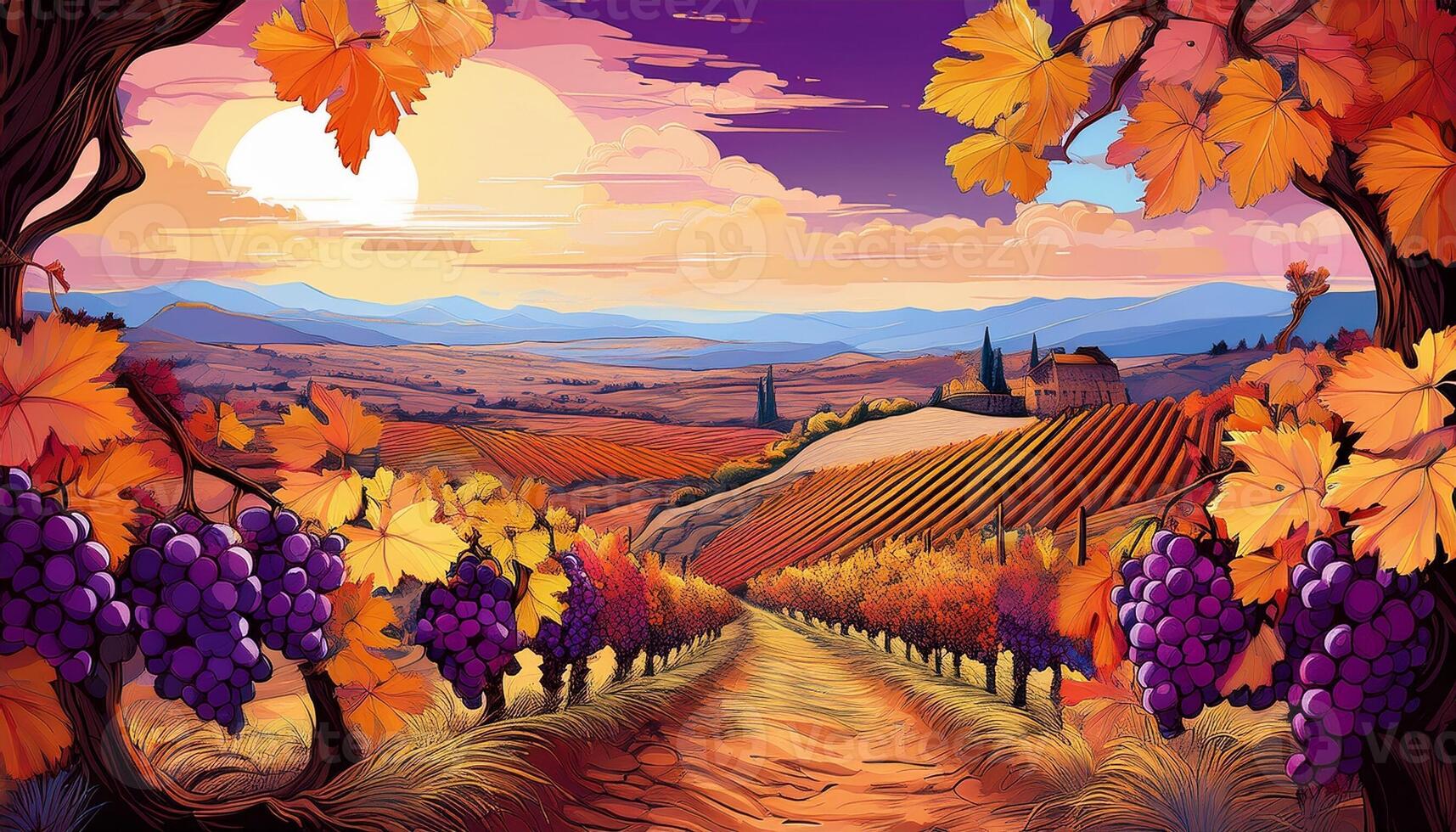 Vibrant Sunset Over Rolling Vineyards With Lush Grapevines and Distant Hills in Fall photo