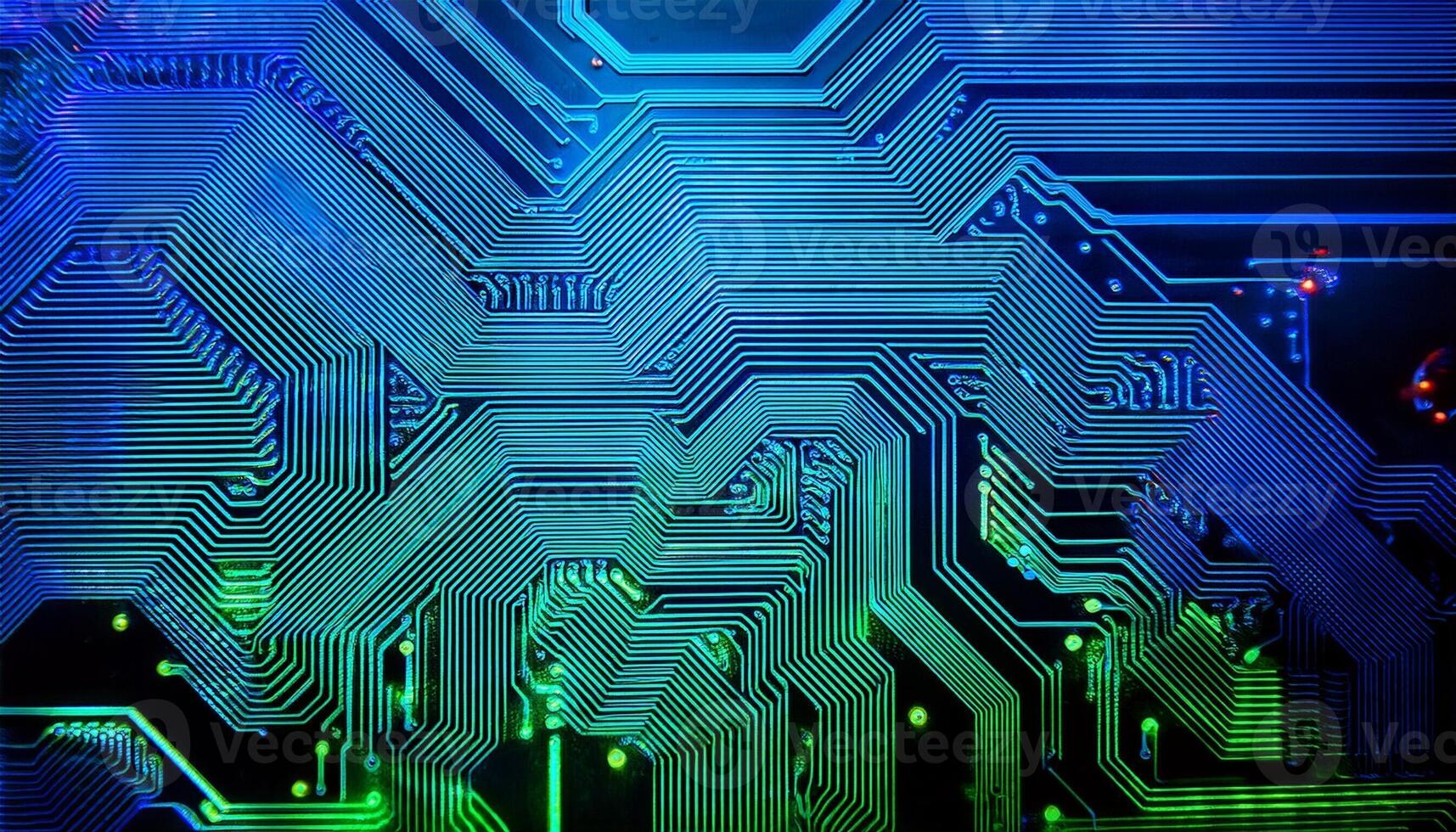Intricate Circuitry Design Showcasing Vibrant Blue and Green Patterns on a Computer Chip photo