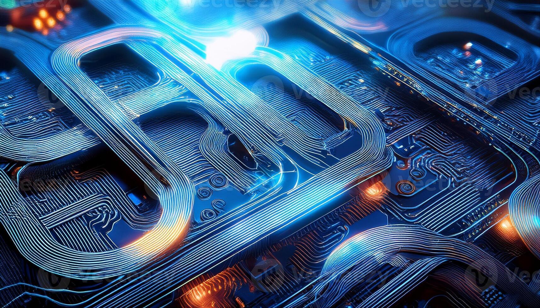 Detailed View of a Futuristic Circuit Board Illuminated With Bright Blue and Orange Lights photo