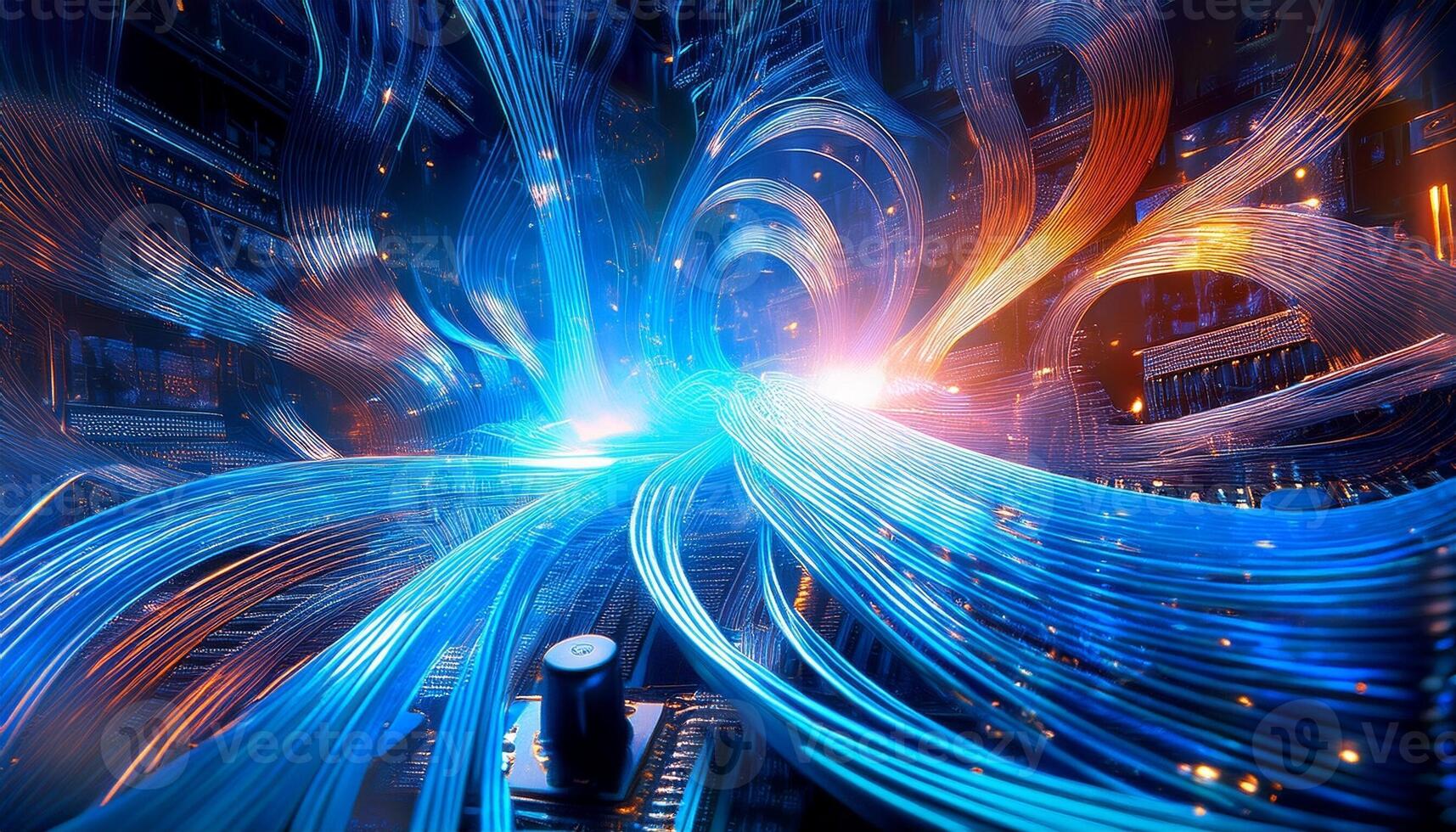 Vibrant Digital Abstract Depicting Energy Flow Through Circuits and Data Movement in a Futuristic Environment photo
