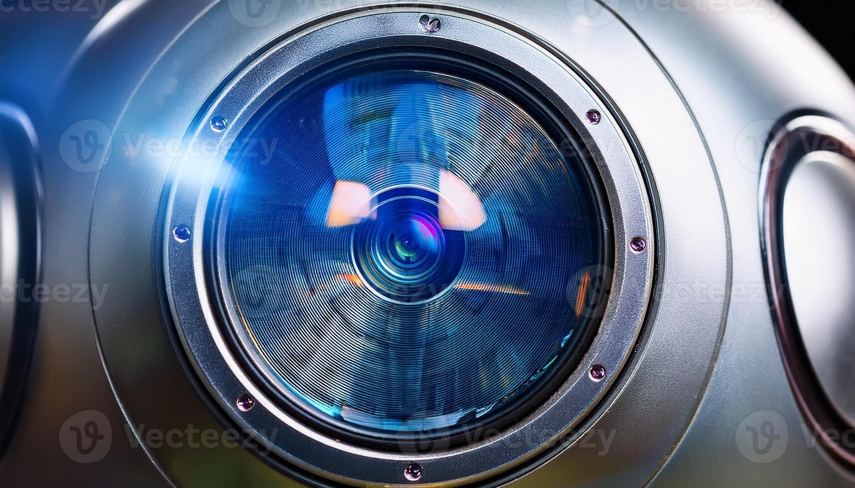 Close-up of a Futuristic Camera Lens Showcasing Intricate Details and Reflections Under Bright Lighting Conditions photo