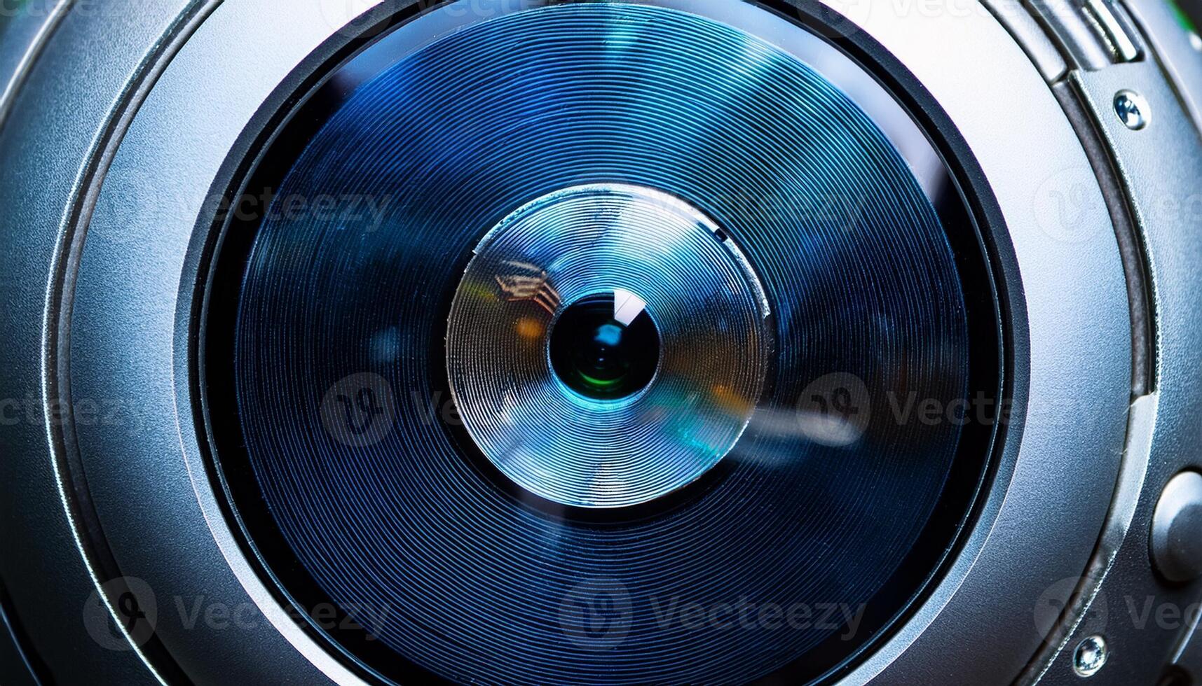 Close-up View of a Camera Lens Highlighting Intricate Details and Reflections in Bright Lighting photo