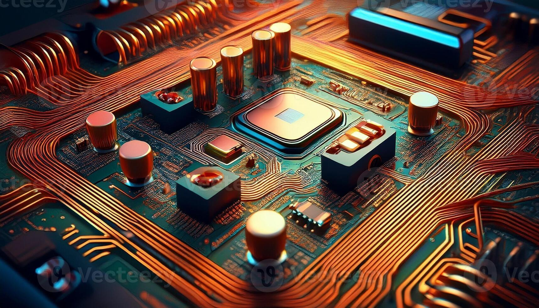 Close-up View of a High-Tech Computer Motherboard Showcasing Intricate Circuitry and a Central Processor photo