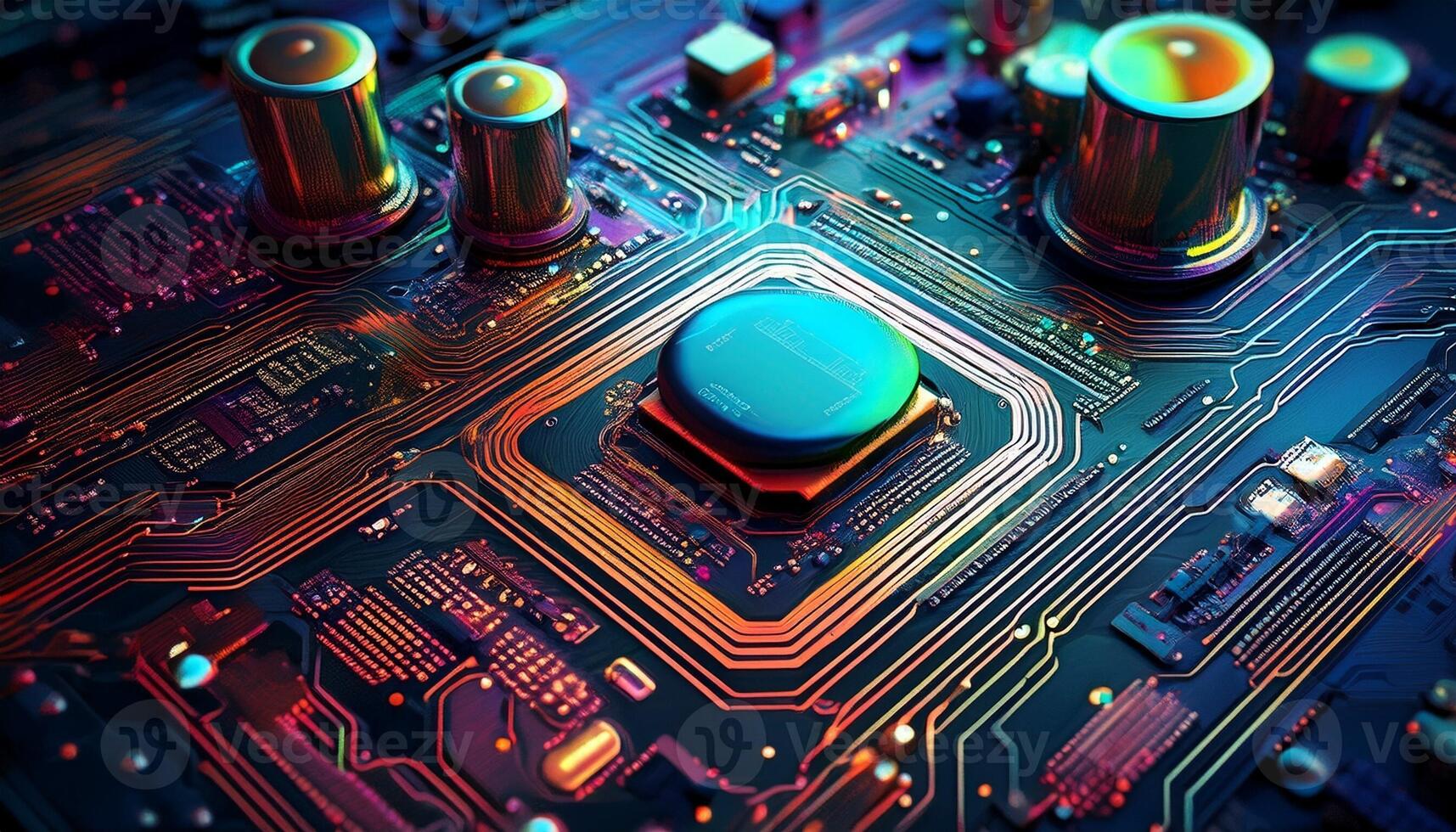 Colorful Microprocessor Circuit Board With Glowing Components in a Futuristic Design photo