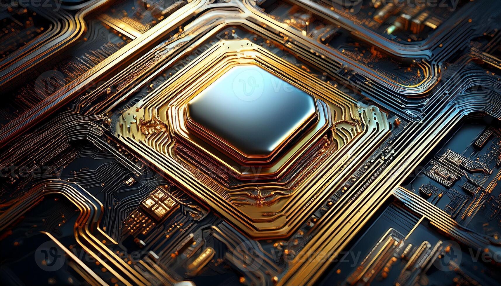 Close-up View of a Modern Microprocessor on a Circuit Board With Intricate Designs and Connections photo