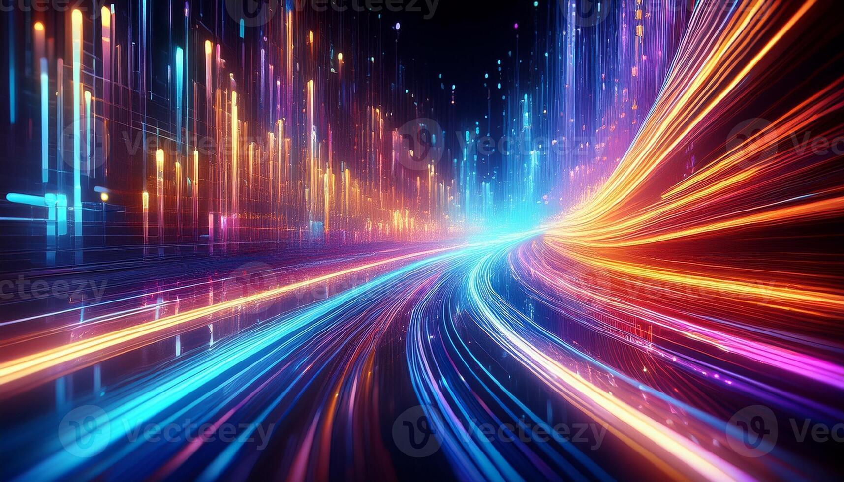 Colorful Light Streaks Create a Dynamic Digital Landscape With Vibrant Trails in a Futuristic Setting photo