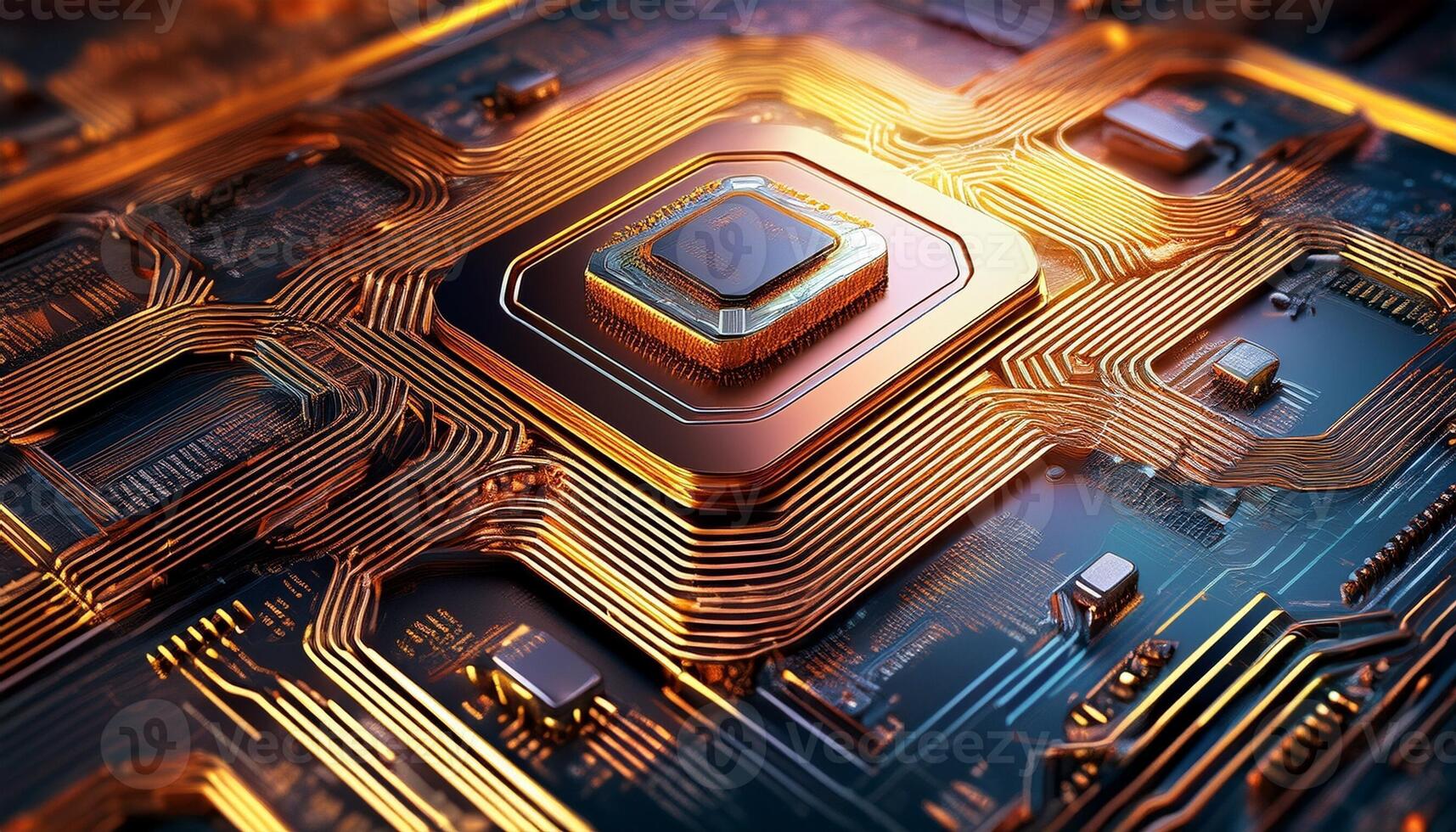 Close-up View of a High-Tech Microprocessor on a Circuit Board Illuminated With Warm Light photo