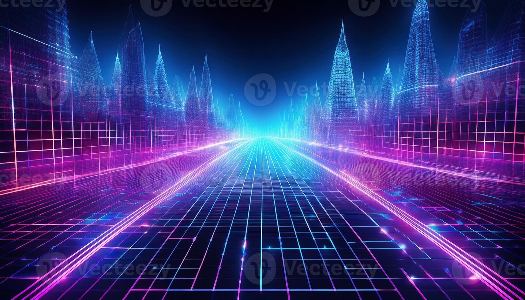 Futuristic Cityscape With Holographic Skyscrapers and Glowing Grid at Night photo