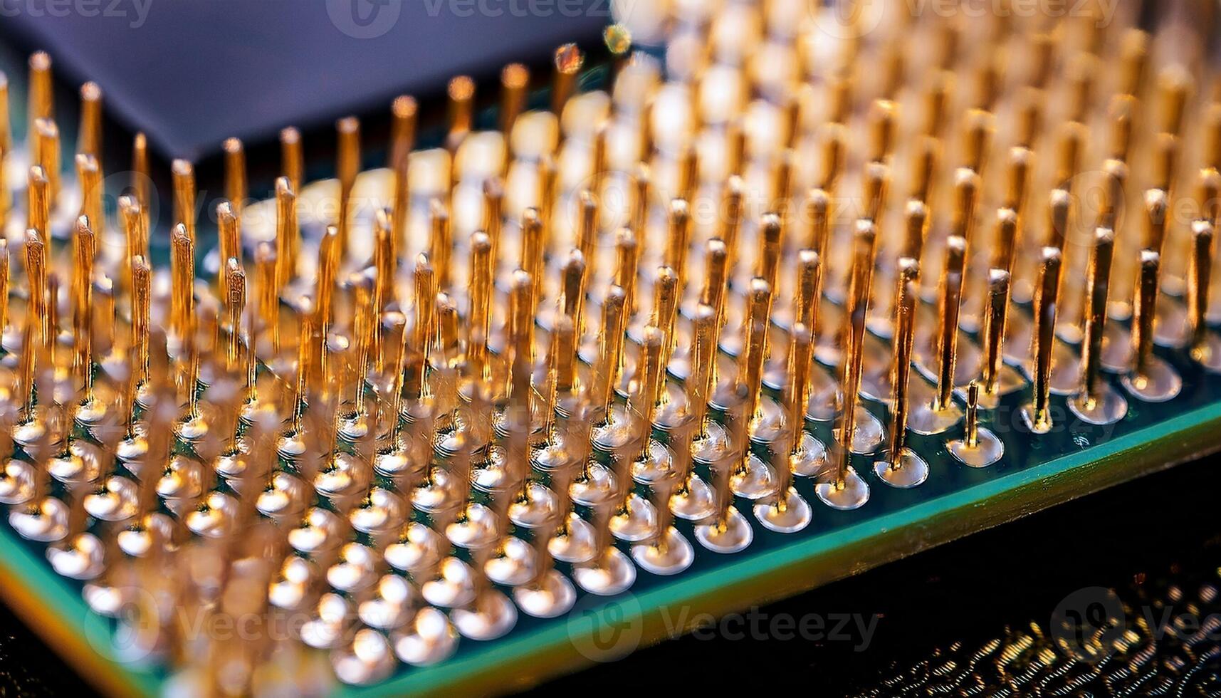 Close-up View of a Microprocessor Showcasing Fine Pins and Circuitry Detail Under Bright Lighting Conditions photo