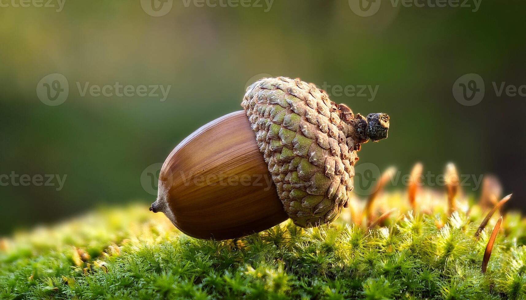 Acorn Resting on Moss With Soft Background Light in a Forest During Autumn photo