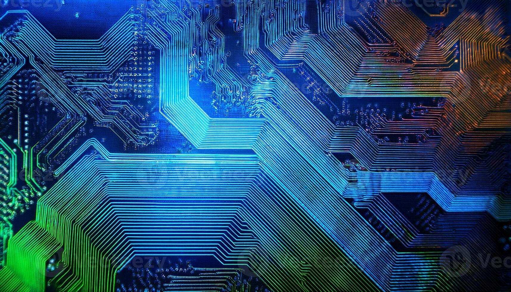 Complex Electronic Circuit Board Design With Vibrant Colors Showcasing Technology and Innovation photo