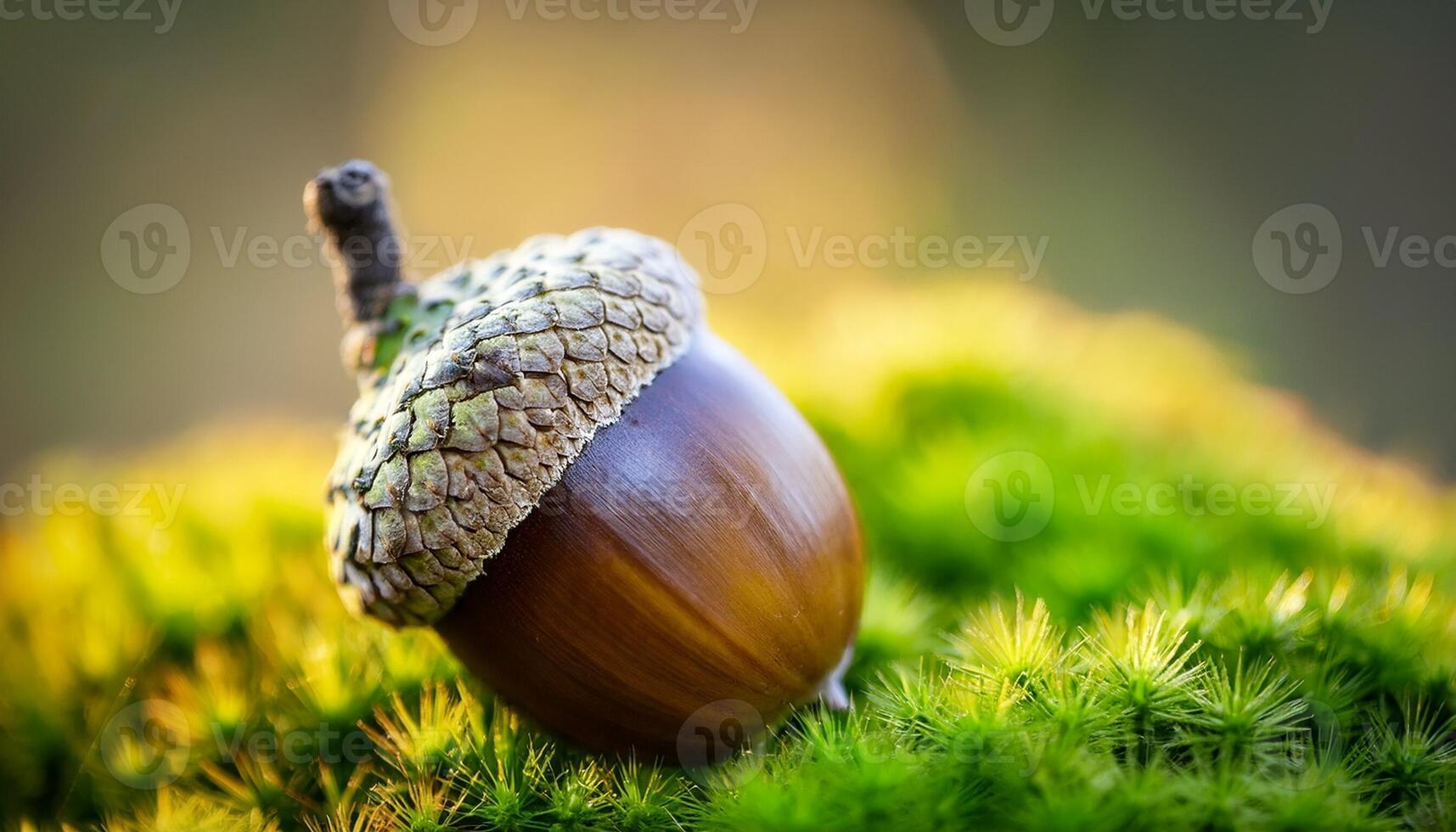 Close-up View of a Shiny Acorn Resting on Lush Moss in a Serene Forest Setting During Soft Afternoon Light photo