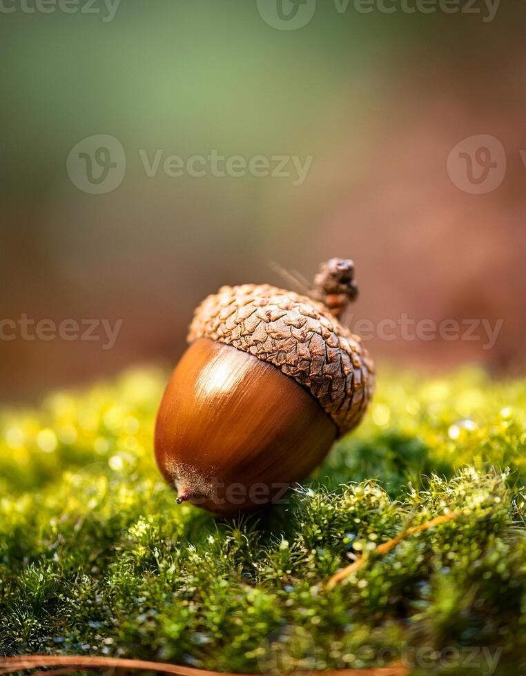 Acorn Resting on Vibrant Moss in a Forest During Early Morning Light photo