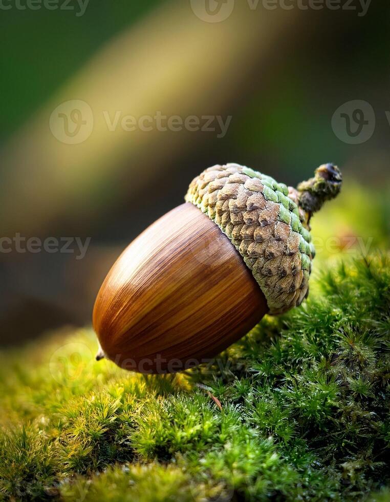 Beautiful Acorn Resting on Lush Green Moss in a Tranquil Forest Setting During Early Morning Light photo