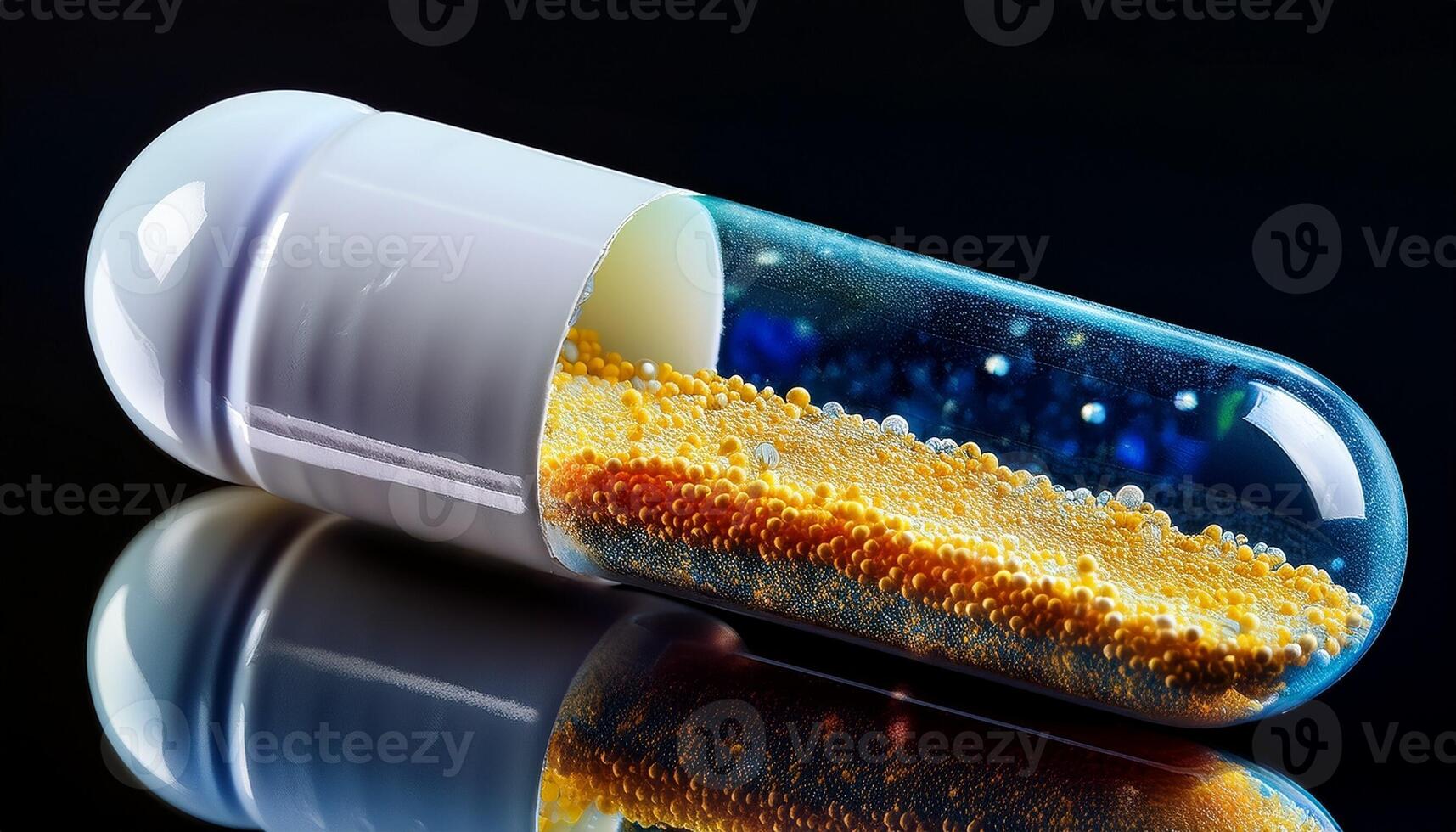 Close-up View of a Transparent Capsule Filled With Yellow Beads on a Reflective Surface in a Dark Setting photo