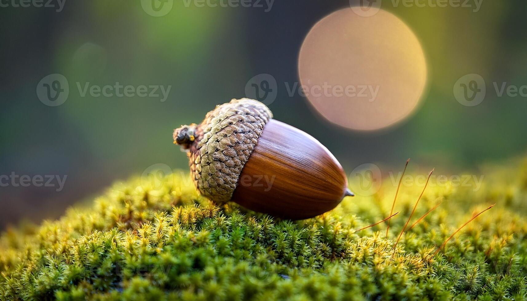 Bright Acorn Resting on Lush Green Moss in a Forest Setting During Early Morning Light photo