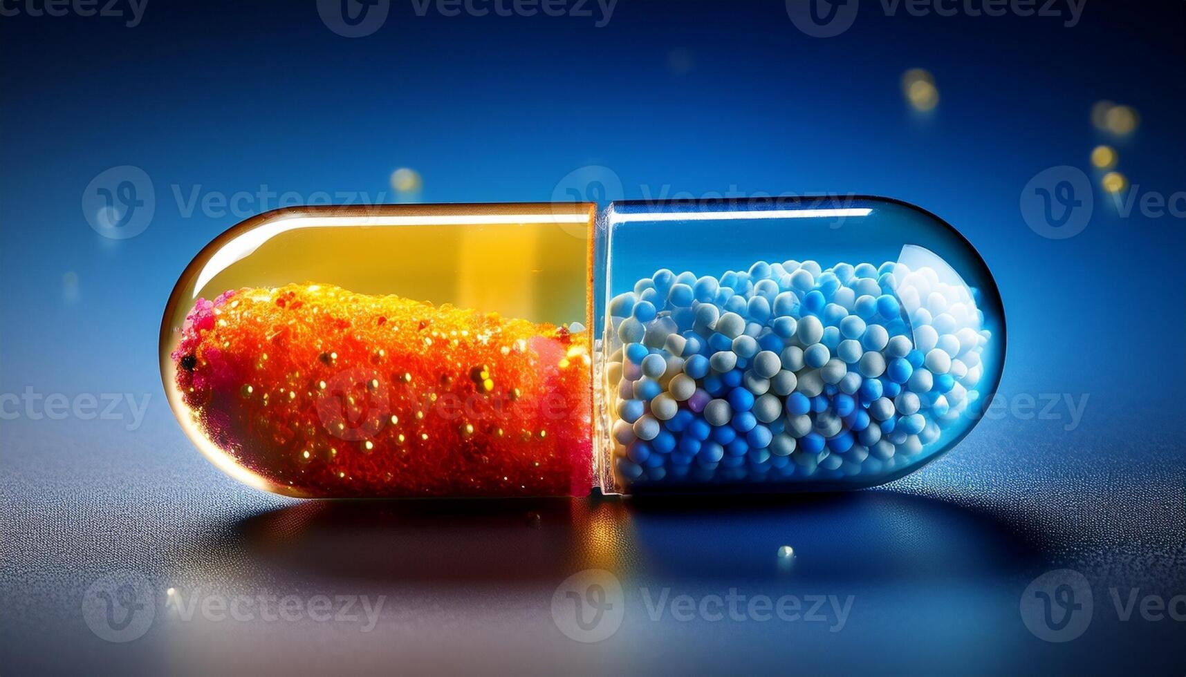 Colorful Capsule With Shimmering Contents Showcases Scientific Innovation in Pharmaceuticals photo