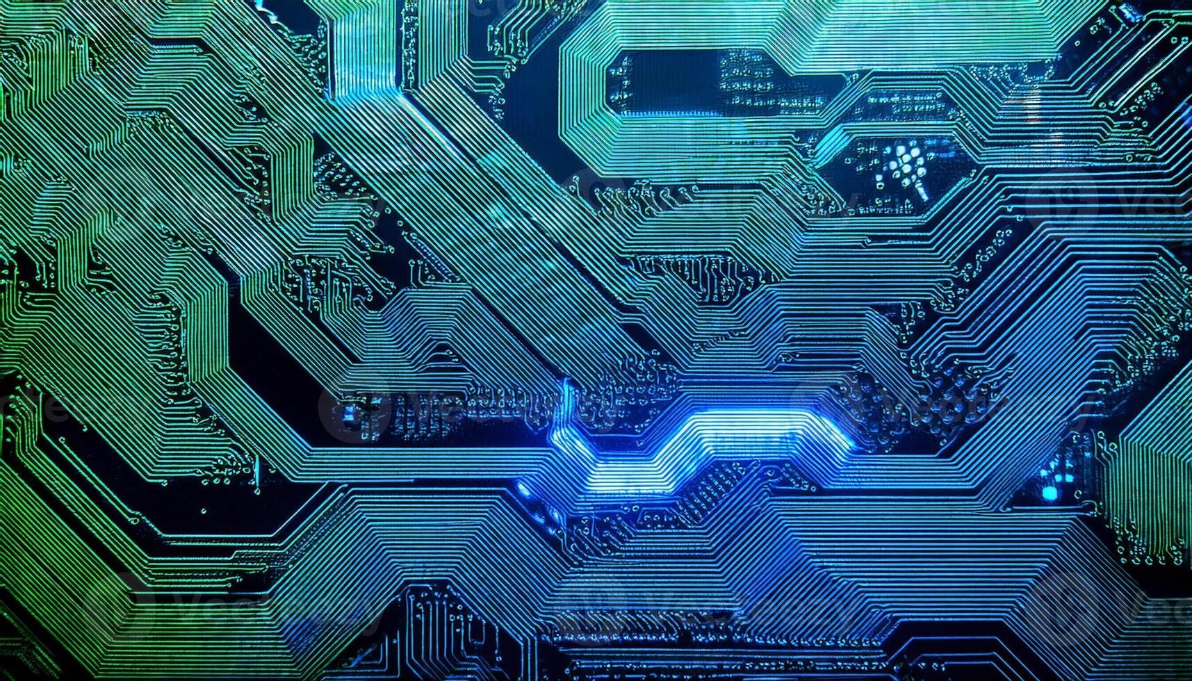 Intricate Circuitry Design Showcases Innovation in Technology and Electronic Engineering in a Vibrant Blue Glow photo