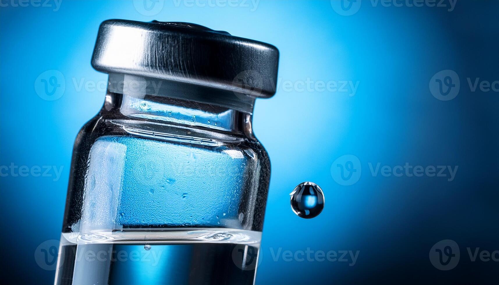 Liquid in Glass Vial Captured in Dramatic Lighting With a Droplet Falling Above photo
