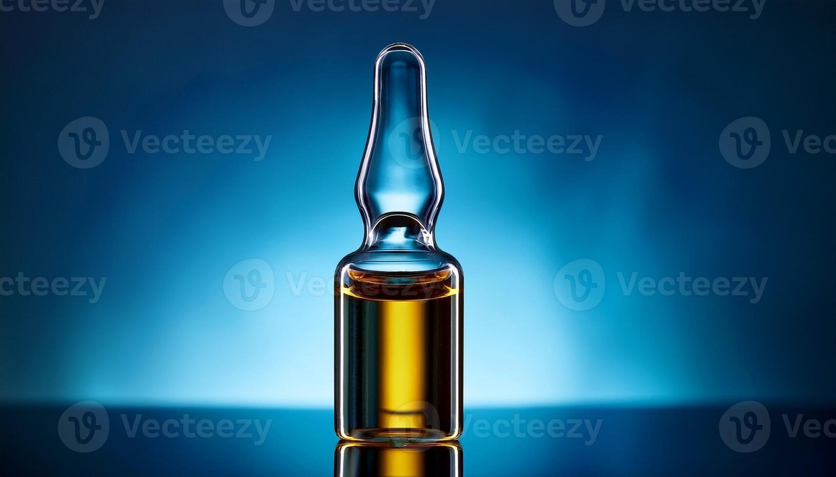 Small Glass Vial Containing Golden Liquid Illuminated Against a Blue Background, Showcasing Its Features and Reflections photo