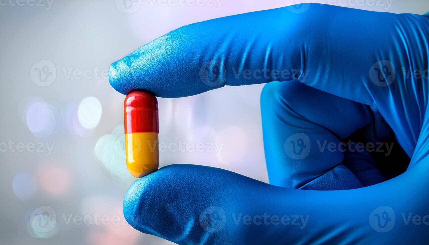 Colorful Capsule Held by a Gloved Hand in a Medical Setting With Soft Background Lights and Blurred Elements photo